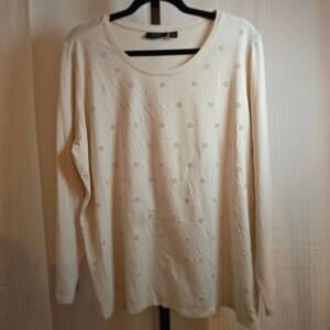 Susan Graver Weekend XL Top Long Sleeve Cream Silver Metal Embellish Casual Chic